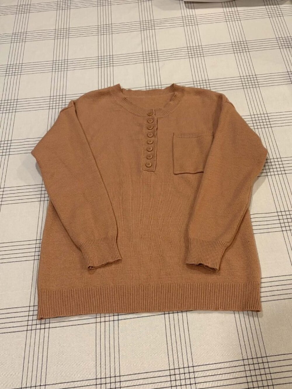 Cozy Camel Tan Henley Knit Chest Pocket Drop Shoulder Sweater Size L